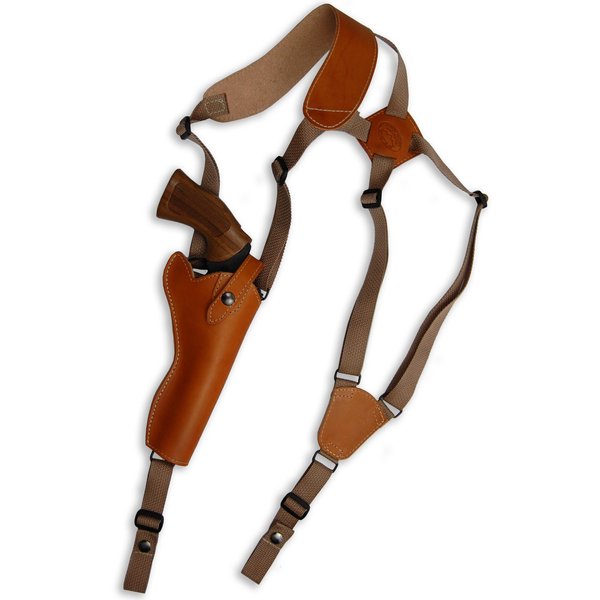 New Barsony Saddle Tan Leather Cross Harness Vertical Shoulder Holster for 6" 38 357 44 Revolvers (Taurus 66 607 627 Tracker, Right)