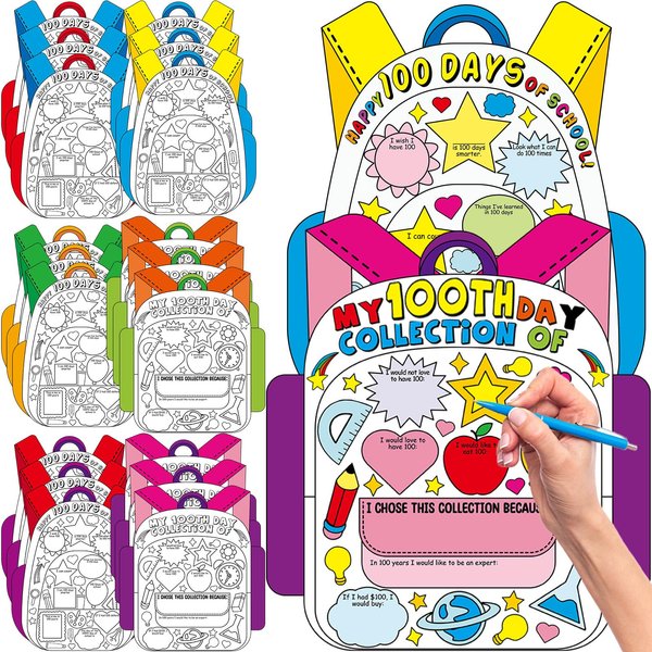 Qyeahkj 48Pcs Happy 100th Day of School Posters for Kids DIY Poster 100th Day of School Activities 100 Days Educational Chart DIY Color Poster for Kindergarten Party Supplies