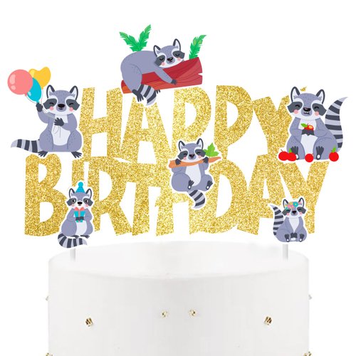 Raccoon Happy Birthday Cake Topper Raccoon Birthday Party Decoration Gold Glitter Woodland Birthday Party Cake Pick for Raccoon Theme Birthday Party Woodland Forest Baby Shower Supplies