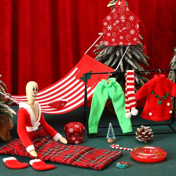 UPINS 14 Pcs Christmas Elf Doll Accessories Set with Christmas Sleeping Bag Bathrobe Top Pants Apron and Chef Hat Scarf Swimming Circle Christmas Elf Hammock Xmas Accessory for Doll Decorations