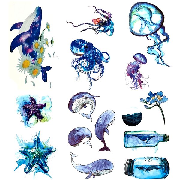 Oottati 6 Pieces Small Cute Dream Blue Sea Marine Octopus Jellyfish Starfish Whale Drift Bottle Temporary Tattoo