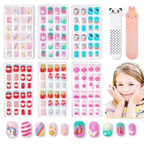 Modelones 144Pcs 6 Pack Press on Nails for Kids Children Acrylic Fake Nails Pre-glue Full Cover Glitter Gradient Color Butterfly Unicorn Short False Nail Art Kits Sets Gifts for Kids Girls