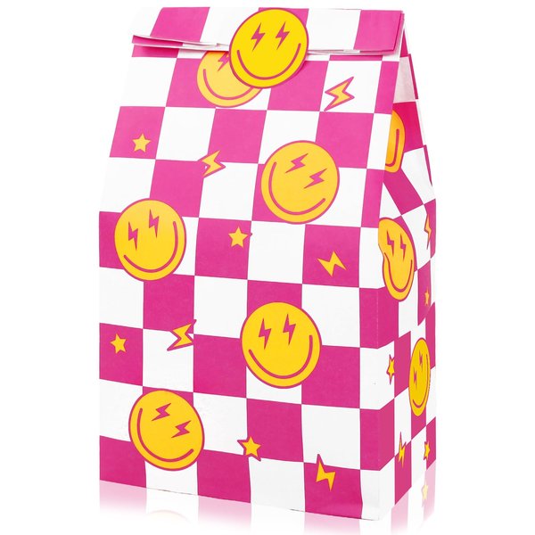 AnyDesign 24 Count Hot Pink Checkered Smile Face Paper Party Bags with Tag Stickers for Preppy Party, Birthday, Bachelorette, Baby Shower