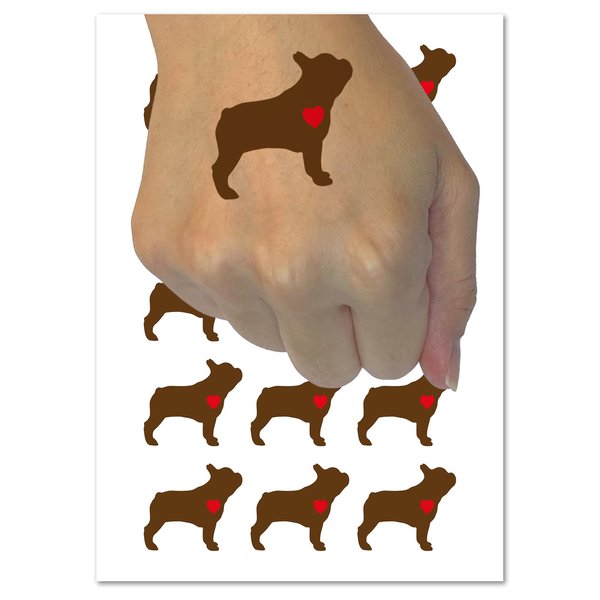 French Bulldog Dog with Heart Temporary Tattoo Water Resistant Fake Body Art Set Collection - 15 2" Tattoos (1 Sheet)