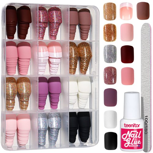 Teenitor Short Press on Nails,288Pcs Matte Acrylic Short Square Fake Nails Full Cover, Glitter Press On False Nails