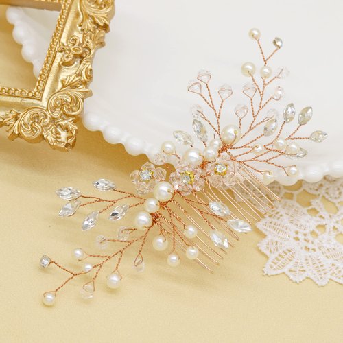 Braveamor Bridal Hair Accessories Wedding Pearls Hair Pins Crystal Rhinestone Headpieces Hair Piece Hair Side Comb for Bride Bridesmaid (24 Pack)(Rose Gold)