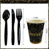 Rainmae New Years Party Supplies, 2025 Black and Gold New Years Disposable Tableware, Including Dinner Plates, Dessert Plates, Napkins, Cups Tablecloth for New Years Eve Party Supplies Decor Serves 20