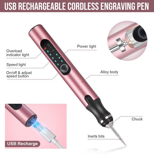 HOTROSE Electric Engraving Pen with 37 Bits, USB Rechargeable Cordless Engraving Machine, Portable DIY Rotary Engraver for Jewelry Wood Glass Stone Carving (Rose Red)