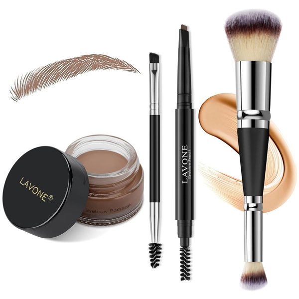 LAVONE Eyebrow Pencil Makeup Kit for Eyebrow Makeup, Make up Brow Kit with Waterproof Eyebrow Pencil, Eyebrow Pomade, Foundation & Concealer Brush and Dual-ended Eyebrow Brush - Ash Brown