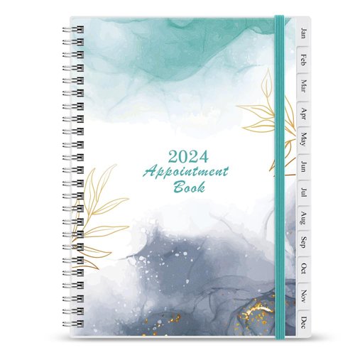 2024 Appointment Book - 7" x 10" Weekly Appointment Book 2024 from January 2024 - December 2024, Flexible Cover, 2024 Spiral Binding Planner with Monthly Tabs, Teal Watercolor