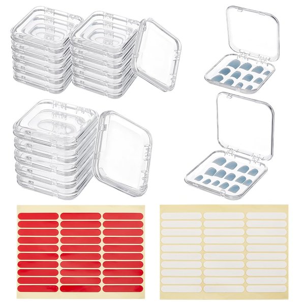 BENECREAT 20Pcs 2 Sizes Press On Nail Storage Box with 2 Sheets Double Sided Adhesive Tape, Clear Artificial Nail Display Storage Boxes Display Packing Box for Nail Salon