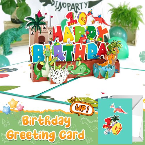 Swialior Happy10rd Birthday Gift Cards Dinosaur 3D Birthday Greeting Cards with Envelope and Note Tag for Kids Boys Girls 10 Years Old Christmas Birthday Decorations Gift for Kids Boys Girls