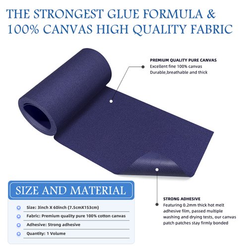 KING MOUNTAIN Canvas Iron on Patch,3"×60",Waterproof 100% Cotton Fabric Repair Patch,Used for Various Sofa,Tent,Clothes,Seats,Suitcases (Dark Blue)