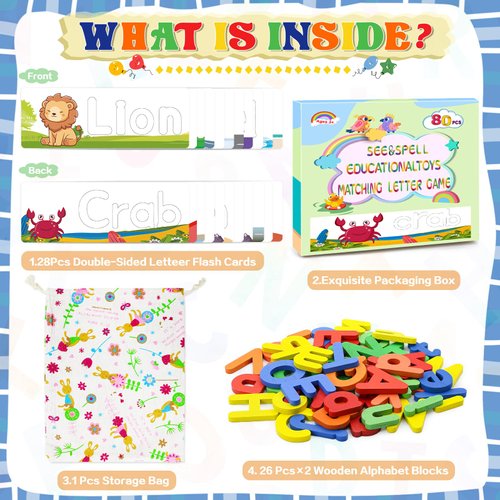 Spelling Matching Letter Games Uppercase Lowercase Learning Educational Toys and Gift for2 3 4 5 6 Years Old Boys & Girls Preschool Learning Activities,Wooden Letters Alphabet Flash Cards for Toddlers