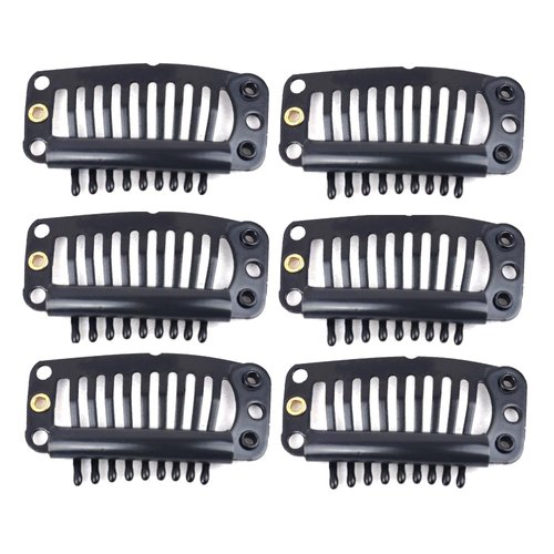 Lysilf Snap Clips for Clip in Hair Extensions U-shape with soft rubber 9 Teeth 6 Holes Stainless Steel Material 20 Pcs/pack 28mm (20Pcs, Black)
