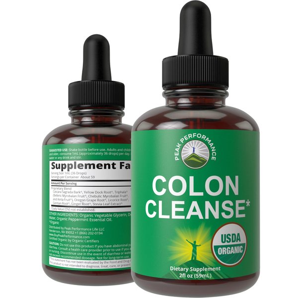 USDA Organic Colon Cleanse Liquid Drops. Vegan, Kosher Colon Cleanser & Detox Supplement with 10+ Super Gentle Herbal Ingredients Including Organic Cascara Sagrada Bark and Organic Yellow Dock Root