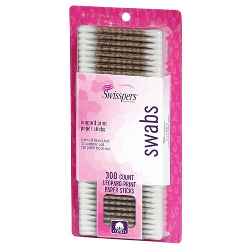 Swisspers Premium Cotton Swabs, 100% Pure Cotton Tips, Leopard Print Paper Sticks, 300 Count Pack