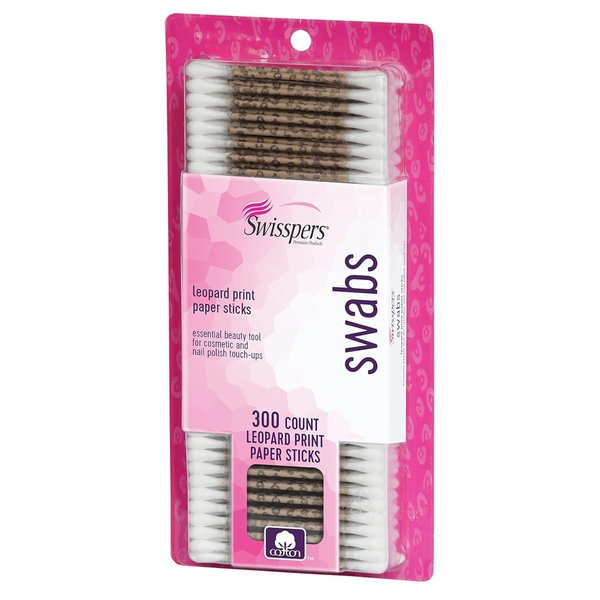 Swisspers Premium Cotton Swabs, 100% Pure Cotton Tips, Leopard Print Paper Sticks, 300 Count Pack