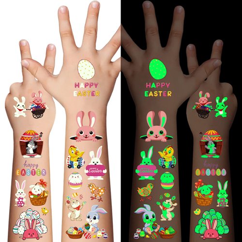 80Pcs Easter luminous temporary tattoos for kids,Glow in The Dark Easter Basket party Tattoos stickers, dwarf colored egg carrot rabbit egg facial makeup Tattoos, holiday party Supplies Favors Gifts