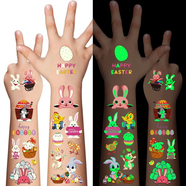 80Pcs Easter luminous temporary tattoos for kids,Glow in The Dark Easter Basket party Tattoos stickers, dwarf colored egg carrot rabbit egg facial makeup Tattoos, holiday party Supplies Favors Gifts