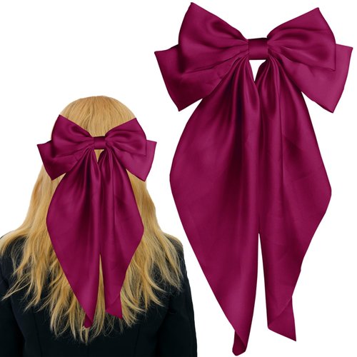 Pufandor Hair Bow Silky Satin Hair Ribbons for Women, Dark Red Bows for Girls Hair Bowknot Barrettes Long Tails with Clips Big Hair Bows Hair Accessories (Dark Red 1pc)