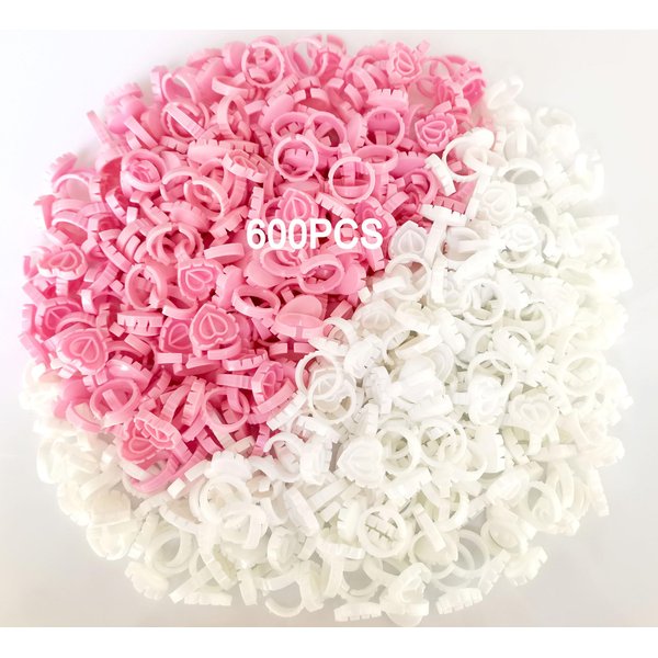 Glue Rings 600PCS Glue Rings for Eyelash Extensions, Lovely Heart Shape Lash Rings for Glue, Disposable Rings for Lashes Fan Blossom Glue Cups Holder Lashes Ring Supplies for Eyelash Extensions,Mix