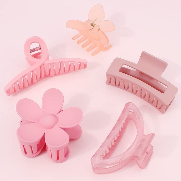 Ahoney 5 Pack Cute Pink Hair Clips 3.4-4.3 Inch Jaw Clips for Hair Big Hair Clamp Butterfly Flower Pink Hair Accessories for Women Non Slip Hair Styling for Girls