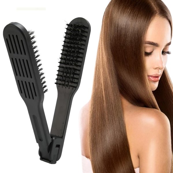 Boar Bristle Clamp Hair Brush, Double Sided Brush Clamp Straightener, Hair Styling Clips, Hair Straightening Comb Styling Tools for Smoothing and Straight Hair Styles (Black)