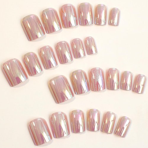 24Pcs Chrome Press on Nails Short Square Fake Nails Blush Glossy Design Glue on Nail Mirror Pink False Nails Coffin Artificial Acrylic nail Stick on Nail for Women Girls DIY Manicure Decorations