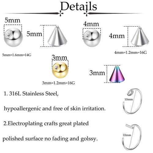 TEN MIRO Fake Eyebrow Ring Fake Lip Labret Studs Replacement Balls Spike with 100Pcs Sticker Non-Piercing Nose Rings Hoop Body Jewelry Fake Skin Piercing 3MM 4MM 5MM(Rainbow)