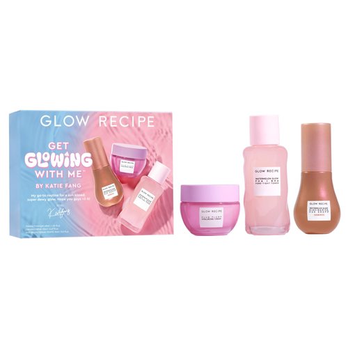 Glow Recipe Get Glowing With Me Kit by Katie Fang - PHA + BHA Face Toner & Gentle Face Exfoliant (40ml) + Plum Plump Hyaluronic Acid Moisturizer Face Cream (20ml) + Hue Drops Tinted Serum (15ml)