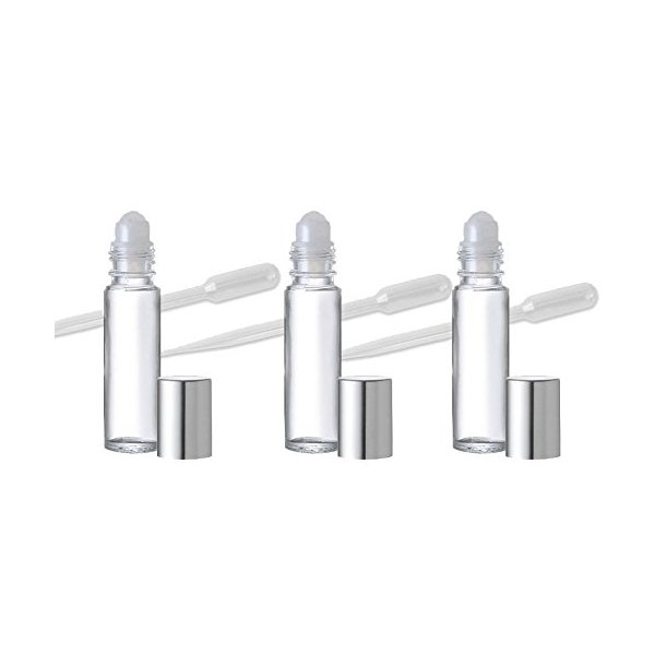 Grand Parfums 18 Clear Glass Aromatherapy Lip Gloss, Essential Oil Glass Roll-on Bottles with Silver Top for Lip Balms Too, 33 Oz