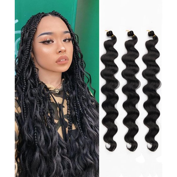ADIASAI 3Packs Body Wave Braiding Hair with Crochet Hook 24Inch Pre-Feathered Braiding Hair Deep Wave Crochet Hair French Curl Crochet Braids Hair for Boho Box Braids Goddess Hair(Natural Black, 1B)