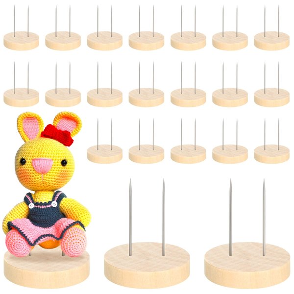 Threehoney 24 Pcs Crochet Doll Stand Wooden Knitted Doll Display Stand Double Steel Needle Doll Holder Felting Animal Doll Toy Wooden Base Support Action Figure Stand