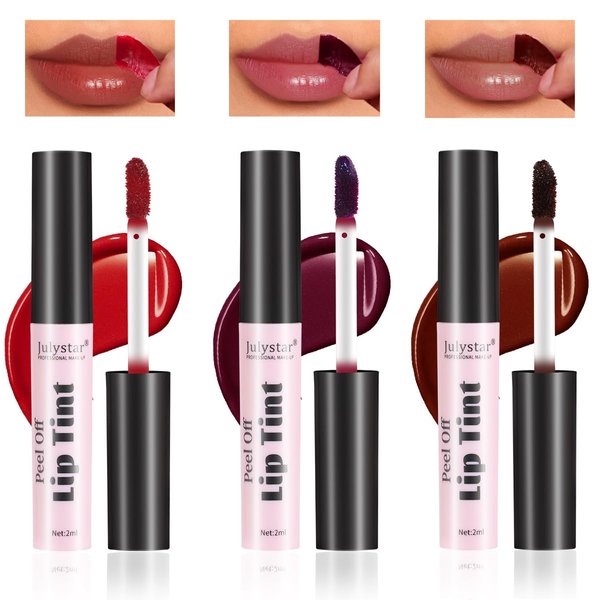 Baorder 3 Colors Peel Off Lip Stain Set,Tattoo Magic Color Matte Nude Lip Gloss Lip Tint,Long Lasting Waterproof Peel Off Lip Liner,Nonstick Cup Liquid Lipstick Lip Stain for Women Girls