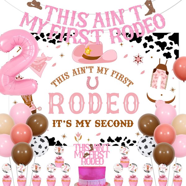 Sursurprise Western Cowgirl 2nd Birthday Decorations - This Ain’t My First Rodeo Backdrop Banners Garlands Cake Cupcake Toppers Balloons, Mexican Two Bday Party Supplies