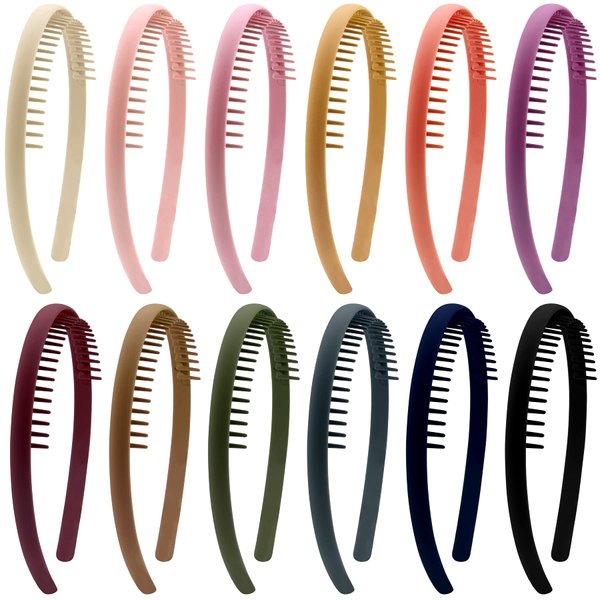 Duufin 12 Pieces Plastic Teeth Headbands Girls Teeth Comb Headband Non Slip Hair Headbands with Teeth Plastic Headband for Girls and Women, 12 Colors