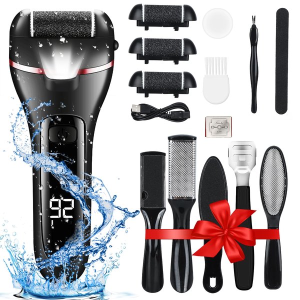 zikillya® Electric Foot Callus Remover, 16 Pack Foot File Pedicure Kit Tools,Waterproof Foot Scrubber Dead Skin Remover with 3 Roller Heads & 2-Speed Power Pedicure Tools for Feet Hands Heel (Black)