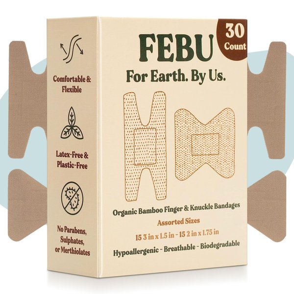FEBU Eco-Friendly Organic Bamboo Fingertip Bandages | Flexible and Gentle Latex Free Bandages | Natural Knuckle Bandages for First Aid | 30 Count Knuckle & Finger Bandage Variety Pack