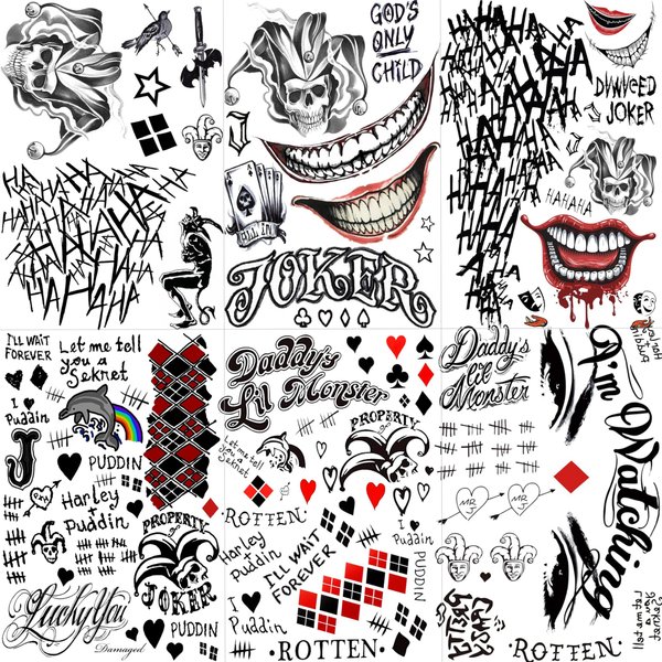 EGMBGM 6 Sheets Joker Temporary Tattoos For Men Women Girls Adults Halloween Makeup Kit, HQ Damaged Joker Tattoos Hand, Joker Face Tattoos Halloween Costume Prison Prisoner Gothic Inmate Tatoos