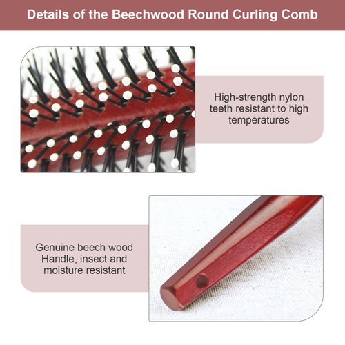 Harewu Round Curling Comb with Original Wooden Handle Made of Pure Beech Wood,Gentle Nylon Bristles,For All Hair Styles,Natural and Gentle Hair Brush (Red)