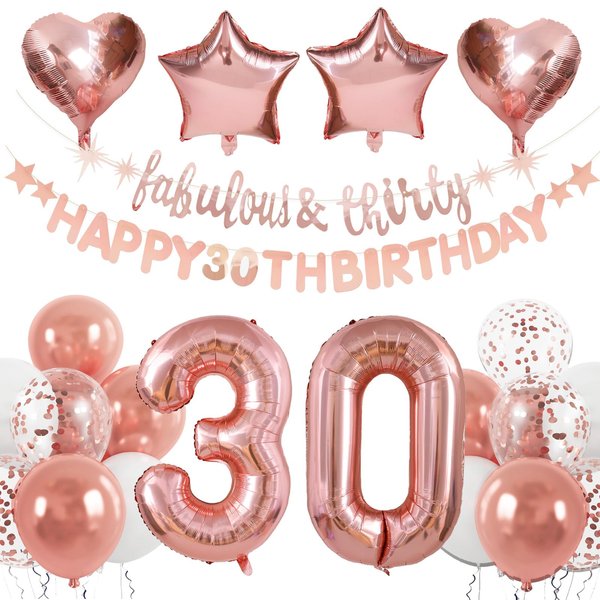 RUBFAC 30th Birthday Decorations Women, Rose Gold 30 Birthday Decor for Her, Happy Birthday Banner, Number Foil Balloon for Thirty Years Old Party Supplies