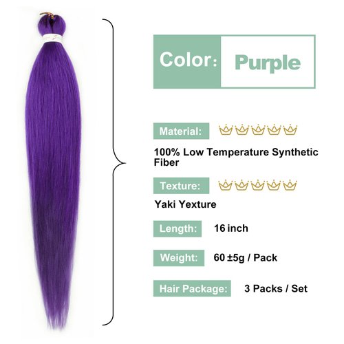 Purple Braiding Hair Pre stretched 16 Inch 3 Packs Kanekalon Pre-stretched Braiding Hair EZ Braid Yaki Texture Synthetic Hair Extensions for Crochet Box Braids