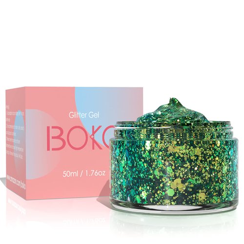 Boko 1.76oz Body Glitter Gel, Chameleon Emerald Liquid Chunky Glitter Lotion Mermaid Sequins for Face Hair and Body Makeup, Coachella Clothes, Rave St Patrick'S Day Mardi Gras Accessories - Siren Jade