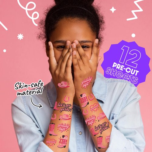 Big Dot of Happiness Rodeo Cowgirl Temporary Tattoos for Kids and Adults, Giddy Up Birthday Party Favors, Bachelorette Favor Kit, Let's Go Girls Decorations, Pink Western Party Supplies, 12 Sheets