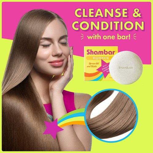 Shambar AWAKEN All Natural Shampoo and Conditioner Bar | Solid Hair Wash with Spruce Needle Oil & Nettle | Sulfate Free & Vegan | Color Safe Shampoo Bar for All Hair Types (100g)