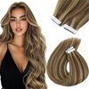 Sunny Tape in Hair Extensions Human Hair Brown Highlights Tape in Hair Extensions Dark Brown Highlighted Caramel Blonde Tape ins Brown Hair Extensions Real Human Hair for Women 50g 20pcs 20inch