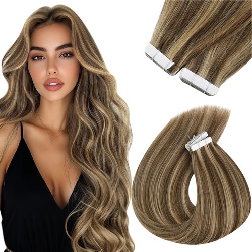 Sunny Tape in Hair Extensions Human Hair Brown Highlights Tape in Hair Extensions Dark Brown Highlighted Caramel Blonde Tape ins Brown Hair Extensions Real Human Hair for Women 50g 20pcs 20inch