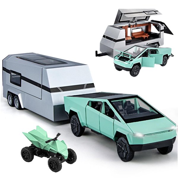 Pickup Trailer RV Model, Metal Pick-Up Truck Trailer Toy with Motorcycle, Toy Truck with Sound/Light/Pull Back/Realistic Interior Exterior,Ideal Toy Car Vehicle Gifts (1/24 Green Pickup Trailer RV)