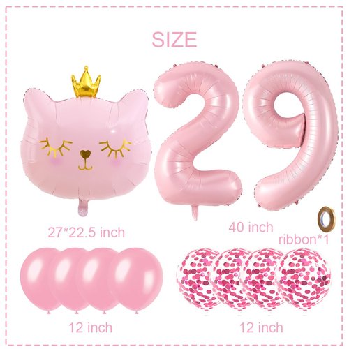 Cat Birthday Decorations, Cat Balloons, Pink 29 Balloon Numbers 40 inch, Cat Themed Birthday Party Decorations, 29 Balloons for Girls Birthday Party Decorations